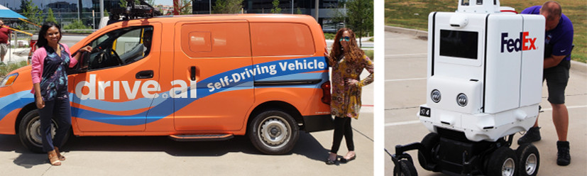 Self driving orange vehicle and a fed ex vehicle